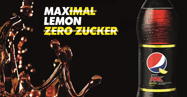 Flasche Pepsi MAX Lemon mit dem Claim "Maximal Lemon, Zero Zucker"